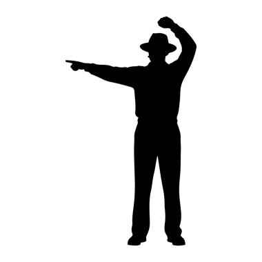 Şapkalı, yakalı, pantolonlu ve ayakkabılı bir adamın siyah silueti. Sol kolu yatay olarak sola doğru uzanıp işaret ediyor. Sağ kolu, yumruğunu sıkarak kaldırıyor. Şekil beyaz bir ba 'da izole edilmiştir.