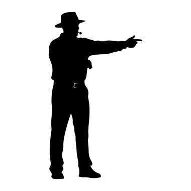 Beyaz arka planda, şapka ve yakalı gömlek giyen bir adamın siyah silueti tasvir edilir. Sağ kolunu işaret parmağıyla öne doğru uzatıyor, sanki yön veriyormuş ya da telefon ediyormuş gibi. Küçük bir nesne, mümkün.