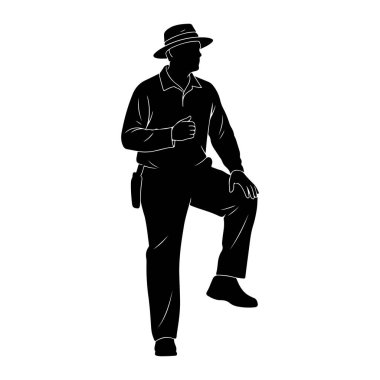 Şapka ve yakalı gömlek giyen bir adamın siyah silueti bir bacağı bükük ve kaldırılmış, elini dizinde dinlendiriyordu. Kesesinin bağlı olduğu bir kemeri var. Şekil düz beyaz bir arkaplanda..