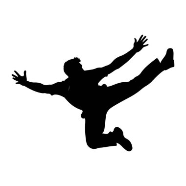 Bir adamın siyah silueti havada yakalanıyor, kolları açık ve bacakları açık atlıyor. Şekil, dinamik duruşu ve hareket duygusunu vurgulayan düz beyaz bir arkaplan üzerinde resmedilmiştir..