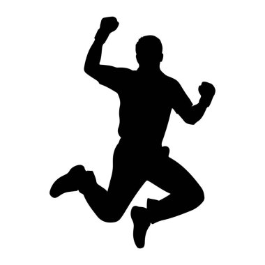 Bir adamın siyah silueti havada yakalanıyor, kolları havada zıplıyor zafer jesti olarak yükseliyor. Bacakları genişliyor, dinamik bir hareket ve enerjik bir kutlama hissi veriyor. Beyaz arkaplan karşıtlığı vurguluyor 