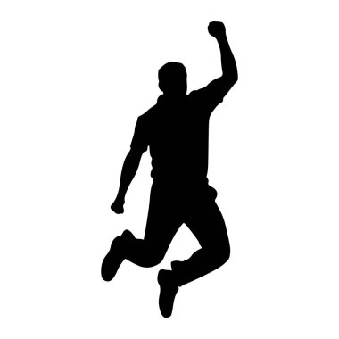 Bir adamın siyah silueti, sağ kolu bir yumrukla havada zıplarken yakalanır. Vücudu ileri açılı, sol kolu bükülmüş ve bacakları dinamik bir şekilde koşuyor ya da zıplıyor. Siluet, düz beyaz bir sırt üzerinde titrer.