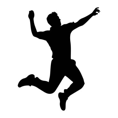 Siyah siluet bir adam havada, kolları açık atlayan yukarı doğru. Vücudu açılı, bir bacağı bükülmüş ve diğeri de arkasından uzanmış, dinamik bir hareket ve efor hissi veriyor. Bu şekil bir ovaya karşı izole edilmiş.
