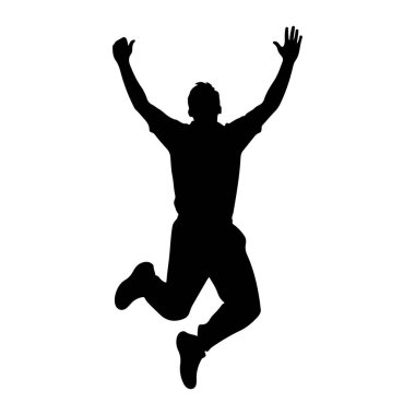 Bir adamın siyah silueti havada yakalanır, kolları başının üzerinde yükseğe zıplar. Bacakları bükülmüş, bu da güçlü bir sıçrama olduğunu gösteriyor. Şekil, dinamik duruşu ve e hissini vurgulayan katıksız beyaz bir arkaplan üzerine tasvir edilmiştir.