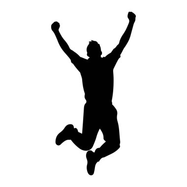 Bir adamın siyah silueti havada yakalanır, kolları başının üzerinde yükseğe zıplar. Bacakları bükülmüş, bu da güçlü bir sıçrama olduğunu gösteriyor. Bu figür, dinamik duruşu ve sürgün duygusunu vurgulayan sert beyaz bir arkaplan karşısında izole edilmiştir.