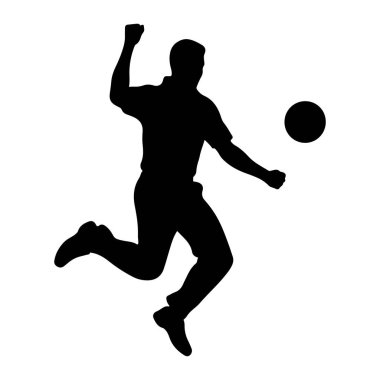 Siyah siluet bir adam havada, bir bacağı bir futbol topunu tekmeliyor gibi uzatılmış. Kolları havada, yumruk yumruğa, çabalamayı ya da kutlamayı öneriyor. Top onun önünde duruyor, o da siluette. Arka plan çok açık.