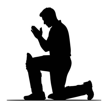 Diz çökmüş, elleri göğsünün önünde birbirine kenetlenmiş siyah bir adam silueti. Başı eğik bir şekilde dua eder ya da derin derin düşünür. Şekil beyaz bir arkaplanda izole edilmiştir..