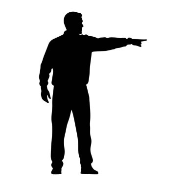 Bir adamın siyah silueti, sağ kolu açık ve işaret parmağı öne doğru uzanmış bir şekilde sağa dönük duruyor. O, ceket ve pantolon da dahil olmak üzere günlük giysiler giyiyor. Arkaplan düz beyaz.