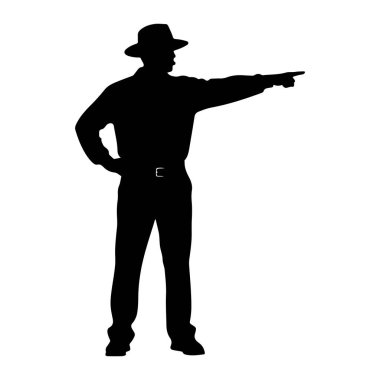 Şapka, gömlek ve pantolon giyen bir adamın siyah silueti bir eli kalçasında, diğeri de öne bakıyor. Şekil beyaz bir arkaplanda izole edilmiştir..