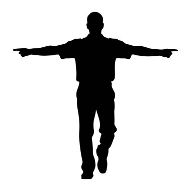 Siyah bir adam silueti kollarını iki yana açıp zıt yönleri işaret ediyor. Yakalı bir gömlek ve pantolon giyiyor ve ileri yürüyor gibi görünüyor. Şekil beyaz bir arkaplanda izole edilmiştir..