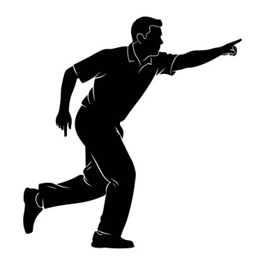 Hareket halindeki bir adamın siyah silueti, sağ kolu öne doğru uzanmış ve işaret parmağı onu işaret ediyor. Orta basamaklı olarak tasvir edilmiş, hareket ve yön öneriyor. Giysilerinin tasmalı gömlek ve pantolonu da dahil olmak üzere ana hatları görülebilir.. 