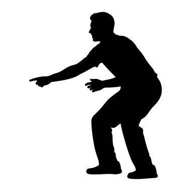 Beyaz arka planda siyah bir adam silueti tasvir edilir. Dinamik bir duruş sergiliyor, sol kolu öne doğru uzanıyor ve işaret parmağı işaret ediyor. Vücudu hafifçe çömelmiş, ve sağ kolu dirsekten bükülmüş, eli açık.. 