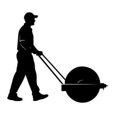 Şapka ve gömlek giyen bir adamın siyah silueti çim silindiri itiyor. Profilde resmedilmiş, elleri tekerleğin kollarında, soldan sağa doğru yürüyor. Yuvarlak, tutma mekanizması olan büyük, dairesel bir nesne. İmaj