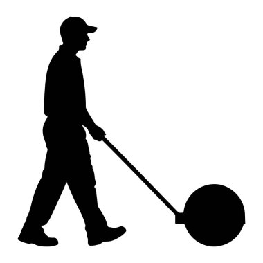 Şapka, gömlek ve pantolon giyen bir adamın siyah silueti, yürüyen ve büyük bir paten aletini iten resmedilmektedir. Alet uzun bir sapa bağlı dairesel bir davuldan oluşuyor. Resim beyaz bir arkaplanda izole edilmiştir.