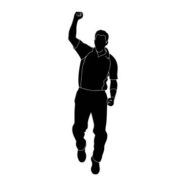 Bir adamın siyah silueti dinamik bir pozda tasvir edilir, sağ kolu yukarıda ve yumruğu zafer veya kutlama jesti olarak sımsıkı tutulur. Sportif kıyafetler giyiyor, bu da bir spor içeriği olduğunu gösteriyor. Rakam bir pla 'ya karşı izole.