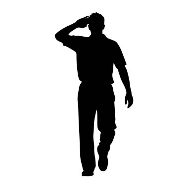 Resmi giyinmiş bir adamın siyah silueti belden yukarısına doğru ilerlerken tasvir edilir. Sağ elini alnına kaldırır ve selam verir. Şekil beyaz bir arkaplanda izole edilmiştir..