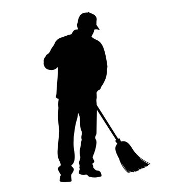 Beyaz arka planda, iş kıyafetleri ve kep takan bir kişinin siyah silueti tasvir edilir. Elinde süpürge tutan kişi süpürme eylemi yapıyor gibi görünüyor. Siluet, kepin, ceketin ve p 'nin şeklini gösterecek kadar detaylı.