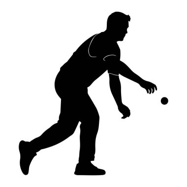 Hareket halindeki bir adamın silüeti, orta atışında, uzanan elinin önünde küçük bir top var. Şekil, dinamik duruşu ve fırlatma eylemini vurgulayan düz beyaz bir arkaplan üzerinde resmedilmiştir..