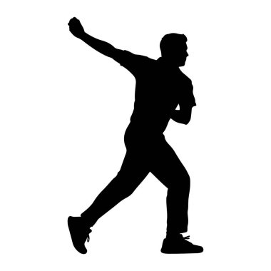 Hareket halindeki bir adamın siyah silueti, atışın ortasında yakalandı. Vücudu açılı, bir kolu geriye doğru uzanıyor ve topu bırakmaya hazırlanıyor. Bacakları denge ve güç için konumlanmış ve atletik kıyafetler ve ayakkabılar giyiyor gibi görünüyor. Şey...