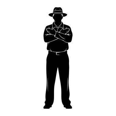 Siyah bir siluet, kolları göğsünde çaprazlanmış bir şekilde öne bakıyor. O bir şapka, yakalı bir gömlek ve kemerli bir pantolon giyiyor. Şekil beyaz bir arkaplanda izole edilmiştir..