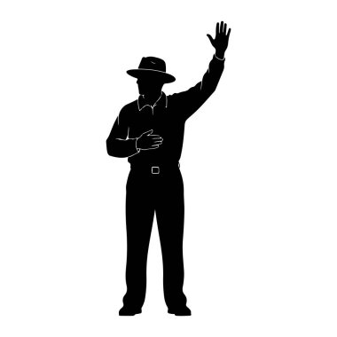 Siyah bir siluet beyaz bir arkaplanda duruyor. O bir şapka ve sağ kolu havada yakalı bir gömlek giyiyor ve sol eli göğsünün üzerine yerleştirilmiş. Bu figür tepeden tırnağa tasvir edilmiş, ayrıntılar kemer tokası gibi görünür.