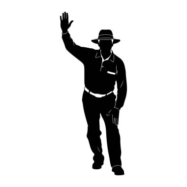Fötr şapka takan ve yakalı bir gömlek giyen bir adamın siyah silueti. O, bir elini sallayarak ayakta duruyor ve diğer elini kalçasında dinlendiriyor. Adam kemerli pantolon giyiyor. Görüntü izole edilmiş.