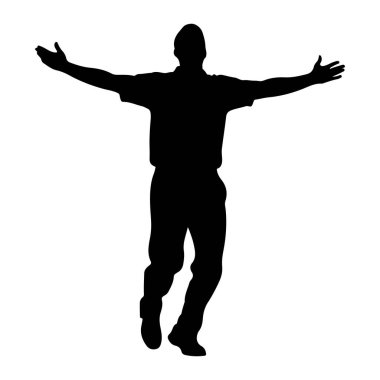 Siyah bir adam silueti kollarını yana doğru uzatmış, avuçlar öne bakıyor. O yakalı bir gömlek ve pantolon giyiyor. Şekil beyaz bir arkaplanda izole edilmiş, açıklık ve hareket hissi veriyor..