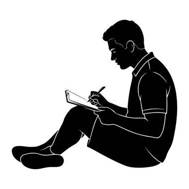 Şort ve yakalı bir gömlek giymiş, yerde oturan bir adamın siyah beyaz silueti. Elinde bir defter ve kalem tutuyor, aktif olarak yazıyor ya da çiziyor. Görüntü temiz ve minimalist, bireyin hareketine odaklı..
