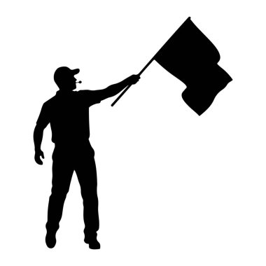 Siyah bir siluet. Şapka takan ve direğin üzerinde siyah bir bayrak tutan bir kişi. Bayrağı sallayan kişi gibi görünüyor. Kişinin ağzında bir ıslık görünür. Arkaplan düz beyaz.