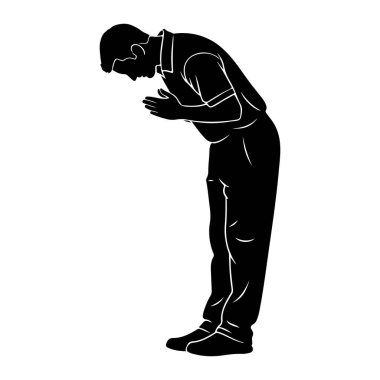 Yandan siyah bir adam silueti tasvir edilir, elleri göğsünün önünde birbirine sıkıca yapışmış olarak derin bir şekilde eğilir. O yakalı bir gömlek ve pantolon giyiyor, başını eğik saygı jesti veya selamlama. Tarzı temiz, Gra.