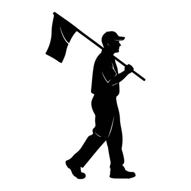 Omzunda bir bayrak taşıyan, soldan sağa doğru yürüyen siyah bir siluet. Kişi kep, gömlek ve pantolon giyiyor. Bayrak koyu renkli ve kumaştan yapılmış gibi görünüyor. Arkaplan düz beyaz.