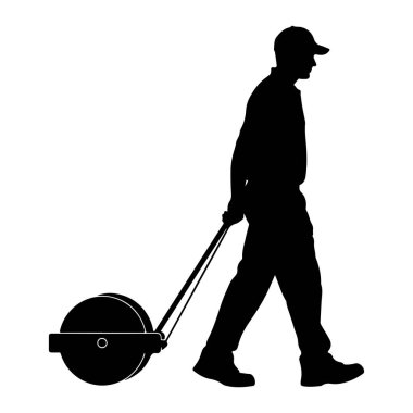 Siyah bir siluet, kep, gömlek ve pantolon giyen bir kişinin profili, yürüyüşü ve silueti bir tutamakla gösterilir. Tekerlek yuvarlak ve yer bakımı ya da inşaat için bir ekipman parçası gibi görünüyor. Arka plan sade.