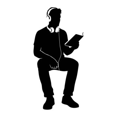 Kulaklık takıp kitap okuyan siyah bir siluet. Kişi belden aşağısı bacak bacak üstüne atmış ve kitabı elinde tutarken tasvir edilir. Kulaklıklar kafalarının etrafında ve üzerlerinde görünür.