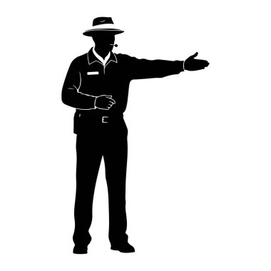 Şapka ve üniforma giyen bir kişinin siyah silueti sağ kolu açık, avuç içi ileriye dönük, açık bir işaret hareketi ile ayakta durur. Ağızlarında bir düdük görünür ve sol elleri bellerine yakın tutulur. Şekil dep