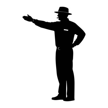 Şapka, gömlek ve pantolon giyen bir kişinin siyah silueti bir eli açık, avuç içi açık, sanki işaret veriyormuş gibi duruyor. Kişinin bir eli kalçasında ve boynunda bir düdük var gibi görünüyor. Siluet izole edilmiş.