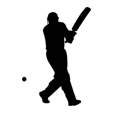 Kriket sopasıyla sallanan bir kriket sopasının siyah silueti. Vurucu kask ve koruyucu kıyafet giyiyor. Vurucunun solunda küçük, siyah bir kriket topu görülüyor. Bu da yakın bir vuruş olduğunu gösteriyor. Taşralı.