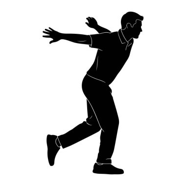 Beyaz arka planda hareket eden bir adamın siyah silüeti. Sol bacağı önde ve sağ bacağı arkada uzanmış bir şekilde orta basamakta yakalanır. Kolları iki yana doğru uzanıyor, elleri açık. Savaşa meyilli gibi görünüyor.