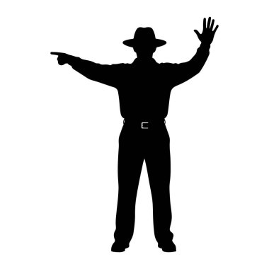 Şapka, gömlek ve pantolon giyen bir adamın siyah silueti beyaz bir arkaplanda duruyor. Sol kolu yana doğru uzanıyor ve işaret parmağıyla işaret ediyor. Sağ kolu havada, avuç içi açık ve parmakları el sallayarak hareket ediyor. A