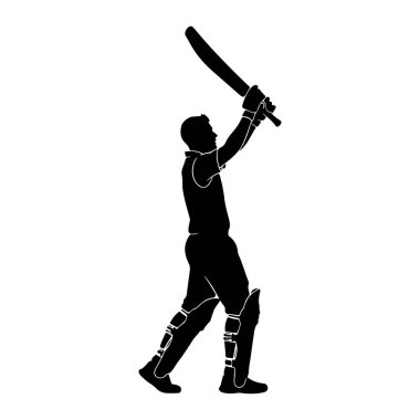 Erkek bir kriket oyuncusunun siyah silueti beyaz arka planda duruyor. O bir gömlek, pantolon ve bacak pedleri giyiyor. Oyuncu iki eliyle kafasının üstünde bir kriket sopası tutuyor. Bu da kutlama pozu ya da güçlü bir vuruş olduğunu gösteriyor. Merhaba.