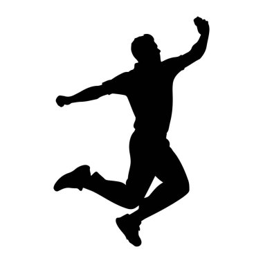 Havada uçan siyah bir atlet silueti, dinamik bir atlama pozuyla yakalanmış. Kollarını kaldırdı, bir yumruğunu sıktı, bu da çaba gösterdiğini ya da kutlama yaptığını gösteriyor. Şekil ve nakliyecileri vurgulayan düz beyaz bir arkaplan üzerinde resmedilmiştir.