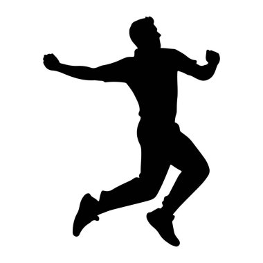 Hareketin ortasında, kolları havada ve yumruklarını sıkmış atlıyor ya da koşuyor gibi görünen siyah bir siluet. Şekil, dinamik duruşu ve hareketini vurgulayan düz beyaz bir arkaplan üzerinde resmedilmiştir. Siluet, o 'yu vurguluyor