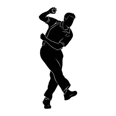 Bowling oynayan bir kişinin siyah silueti. Şekil, bir kolu havada ve fırlatmaya hazır bir topu tutarken orta hareketin ortasında çekiliyor. Vücut dinamik bir duruşla kıvrılmış, spordaki atletizmi gösteriyor. Silhou.