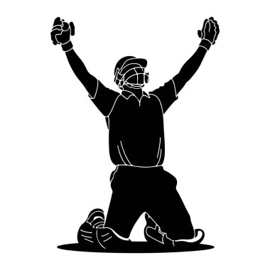 Bir kriket oyuncusunun siyah silueti, kolları zaferle havada yerde diz çökerken resmedilir. Oyuncu ellerinde eldivenlerle kask ve üniforma giyiyor. Görüntü, beyaza karşı katıksız siyah beyaz bir grafik çizimi. 