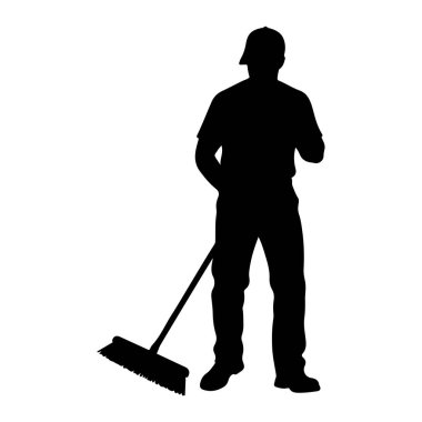 Şapka, tişört ve pantolon giyen bir kişinin siyah silueti tasvir edilir. Geniş bir fırça başı ve uzun bir sapı olan bir süpürge tutan kişi, süpürüyor gibi görünüyor. Şekil düz beyaz bir arkaplanda duruyor..
