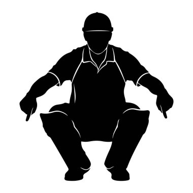 Çömelmiş vaziyette, kep ve yakalı bir gömlek giymiş siyah bir siluet. Kişinin kolları dışa doğru uzanıyor ve işaret parmakları aşağıya doğru işaret ediyor. Siluet beyaz arka planda..