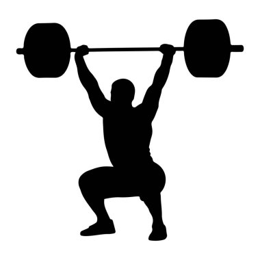 Çömelme pozisyonunda siyah bir siluet, ağırlık kaldırarak bir halteri kaldırıyor. Şekil yandan gösterilir, kollar tamamen yukarı doğru açılır ve çıtayı destekler. Arkaplan düz beyaz.