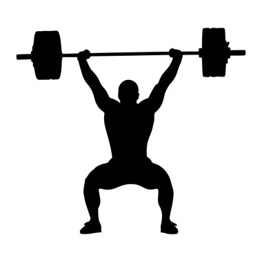Çömelmiş vaziyette duran kaslı birinin siyah silueti iki eliyle halteri kaldırıyor. Halterin her iki ucunda büyük ağırlıklar vardır. Şekil, düz beyaz bir arkaplan üzerinde tasvir edilir, biz formu ve eylemi vurguluyor