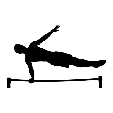 Bir atletin siyah silueti paralel barlarda amuda kalkarken resmedilir. Sporcunun vücudu yatay olarak genişletilir, bir eli çubuğun üzerinde desteklenirken, diğer kolu denge için yukarı uzanır. Bacaklar düz uzanıyor, para
