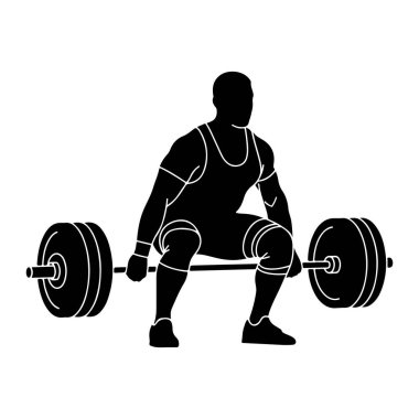 Çömelme pozisyonunda siyah bir atlet silueti, her iki tarafında ağırlıkları olan bir halteri tutuyor. Sporcu bir atlet ve diz kapağı giyiyor. Görüntü, ağırlık kaldırmanın temiz ve grafik bir temsilidir..