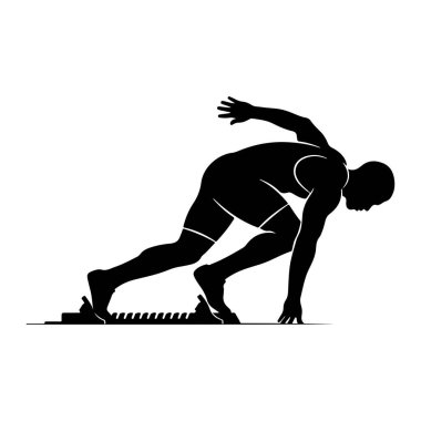 Başlangıç bloğunda koşucu duruşu yapan siyah bir atlet silueti. Sporcu öne eğiliyor, bir bacağı arkaya uzanıyor ve diğeri eğiliyor, yarışın başlamasına hazırlanıyor. Bu figür beyaz bir arkaplana karşı profil olarak resmedilir.